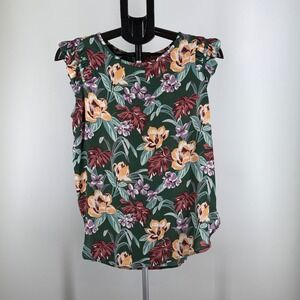 LOFT‎ Women Green Floral Ruffle Shoulder Sleeveless Blouse Top Small